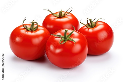 Juicy red tomatoes still on the vine. Small plum tomatoes on a white background. Fresh tomato, herbs and spices isolated on white background, top view. Bunch of fresh, red tomatoes with green stems