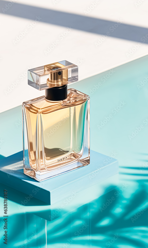 Luxury womens fragrance, bottle of perfume scent by the swimming pool in summer, bespoke perfumery and beauty product sale commercial, generative ai Luxury womens fragrance, bottle of perfume scent by the swimming pool in summer, bespoke perfumery and beauty product sale commercial, generative ai