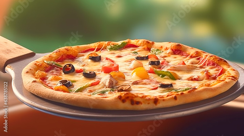 Pizza capricciosa homemade outdoors in the garden, online delivery from pizzeria, take away and italian fast food, generative ai