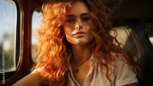 Portrait of a beautiful young model with red hair and sunglasses sitting in a car © Flowal93