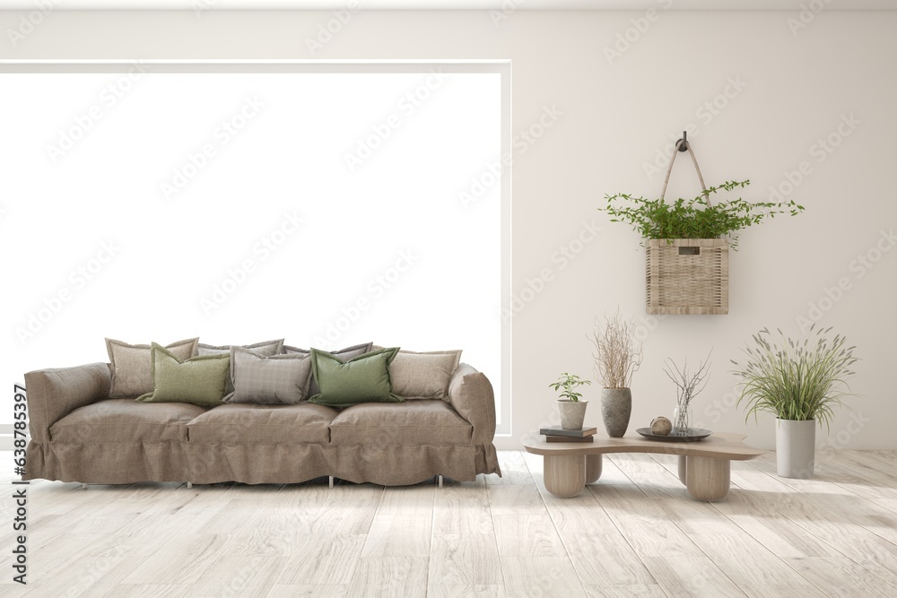 Naklejka premium White modern interior design with sofa. Scandinavian interior design. 3D illustration
