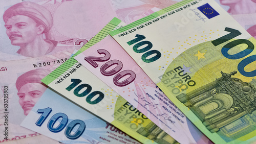 Images of banknotes of various countries. Turkish lira and euro photos.