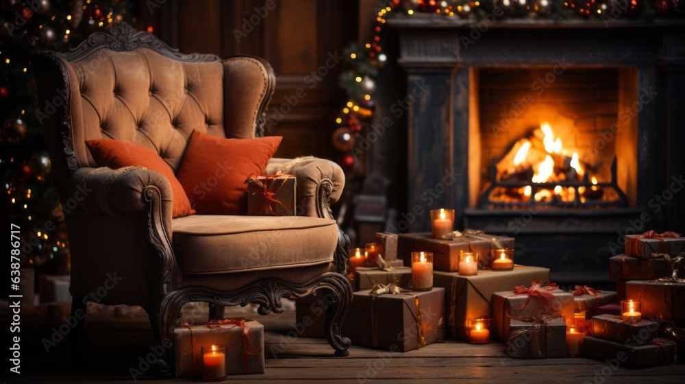 Cozy chair by a warm fireplace, Christmas holidays Cozy chair by a warm fireplace, Christmas holidays