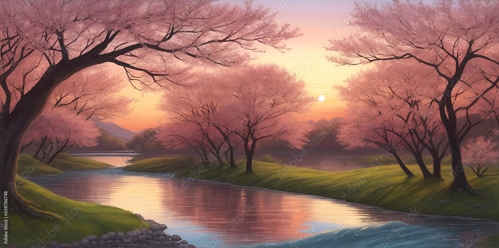 Obraz premium Beautiful river and spring trees. AI generated illustration
