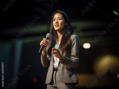 Female motivational speaker on Stage talking about how to success