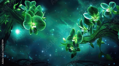 Cosmic orchid flowers background. Abstract glowing galaxy blooming orchids in space. Fantasy, science fiction style. AI Illustration..