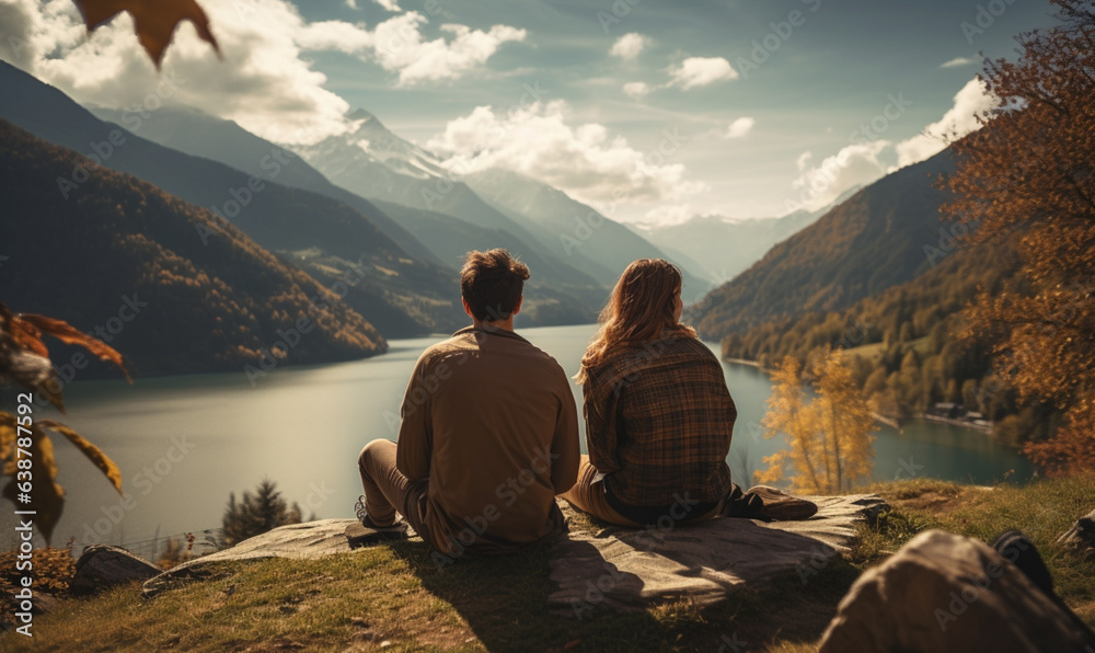 Couple siting on mountain and enjoying beautiful view of mountains 