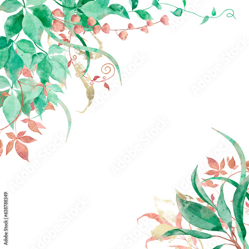 Watercolor frame of green and pink branches, leaves, with copy space, template