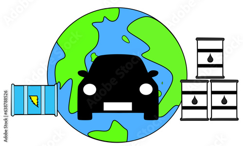 Oil and electric fuel illustration, oil and electric price, oil VS electric battery. Fuel car vs electric vehicle
