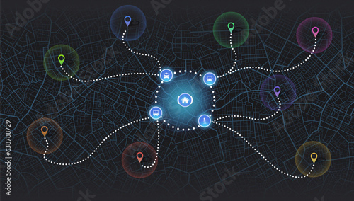 Multiple destinations. GPS map. City street road. Abstract transportation. City top view. Hi-tech vector background. route distance data, path turns and destination tag or mark illustration. Abstract