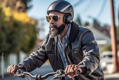 Man listening music in headphones riding a bike