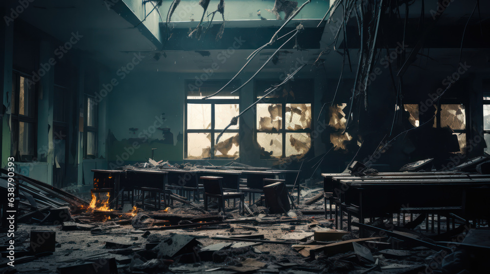 Destroyed school after being hit by a bomb. War concept