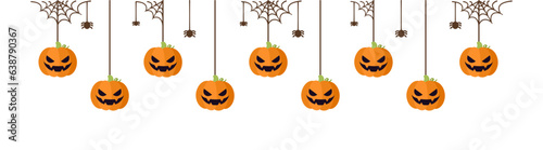 Happy Halloween border banner jack o lantern pumpkins hanging from spider webs. Spooky Ornaments Decoration Vector illustration, trick or treat party invitation