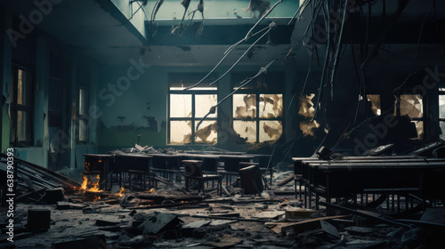 Destroyed school after being hit by a bomb. War concept