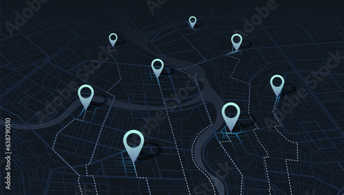 Multiple destinations, isometric. Map city with gps pins. Alternative way with location system. Urban map with pointers. Black background, information pointers, signs, arrows. Vector illustration.