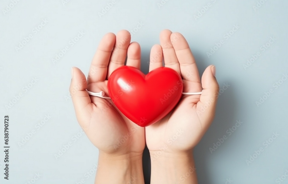 A man gives a red heart to a child as a couple in a hospital, symbolizing Valentine's Day. The image is taken from a top view with space for text. Generative AI