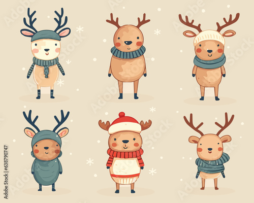 cute cartoon christmas reindeer set vectors 