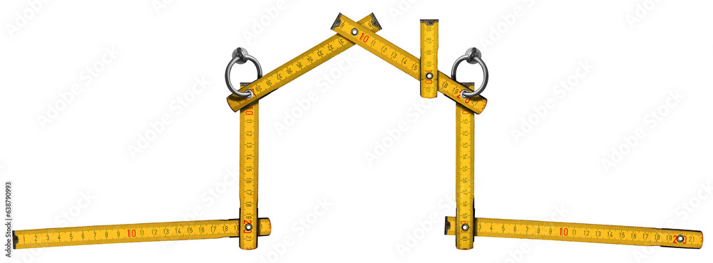 Orange and yellow wooden folding ruler in the shape of a house with steel rings for hanging. Isolated on white or transparent background. Photography. Png. Orange and yellow wooden folding ruler in the shape of a house with steel rings for hanging. Isolated on white or transparent background. Photography. Png.
