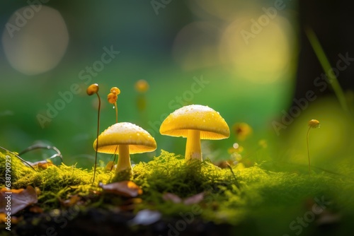 Mushrooms are growing in autumn forest. Mushroom picking. Nature background with sunlight.