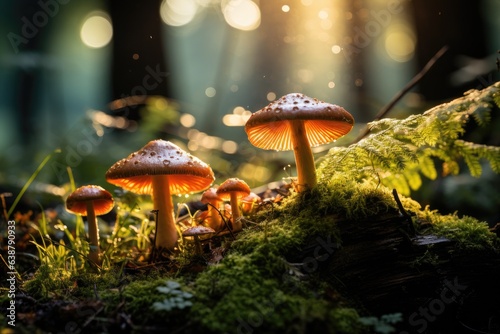 Mushrooms are growing in autumn forest. Mushroom picking. Nature background with sunlight.