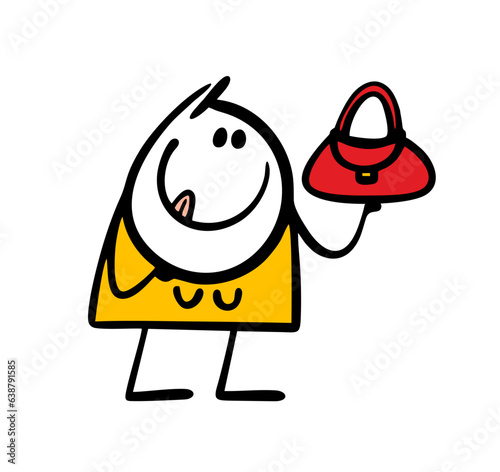 Young woman in the store holds a red leather bag. Vector illustration of the desire for a new fashion accessory for a girl.