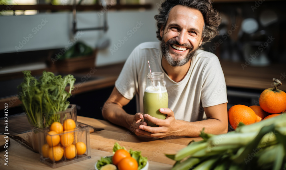 Fototapeta premium Vegetarian Man Sitting in Kitchen with Healthy Food, Drinking Juice and Smiling, Wellbeing Concept