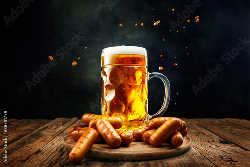 Mug with delicious, fresh, foam lager beer with grilled sausages as appetizers on wooden table over dark background. Concept of beer, brewery, holidays, traditions, festival, alcohol drink, ad photo