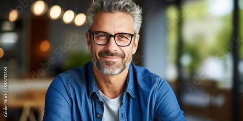 Middle-Aged Guy with Glasses and Blue Shirt, Looking Confident