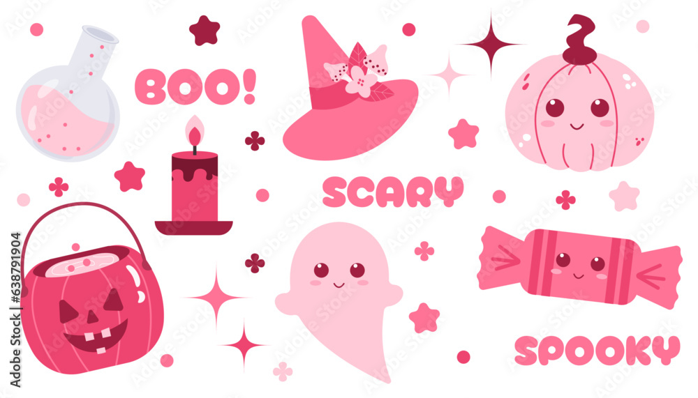 Pink Halloween vector set with witch hat, candle, ghost, pumpkin, candy, cattle and bottle with poison.Pink print in flat style. Halloween lettering quote Pink Halloween vector set with witch hat, candle, ghost, pumpkin, candy, cattle and bottle with poison.Pink print in flat style. Halloween lettering quote