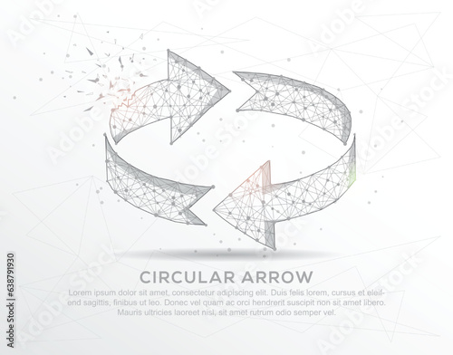 Circular arrow abstract mash line and composition digitally drawn in the form of broken a part triangle shape and scattered dots.