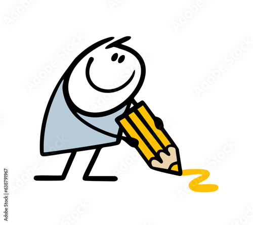Cartoon stickman boy holds a large yellow pencil and draws with it on the floor. Vector illustration of a funny character of an artist and art.