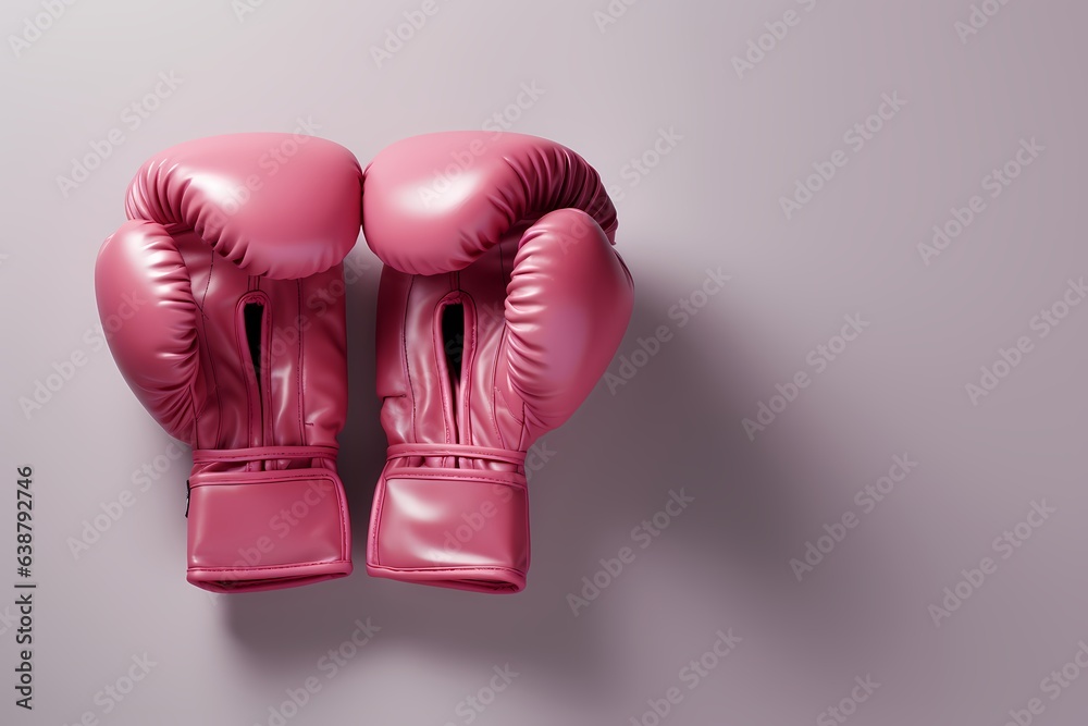 Pair of pink boxing gloves on gray background. Breast Cancer Awareness Month