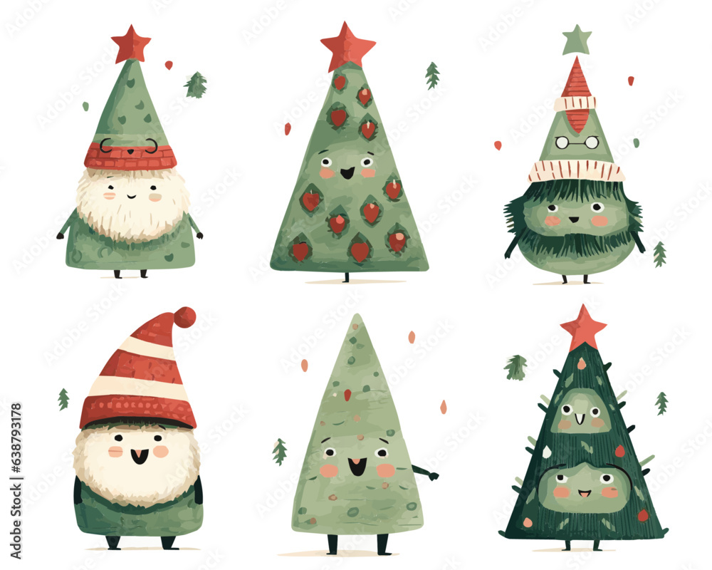 set of christmas trees and snowflakes vectors