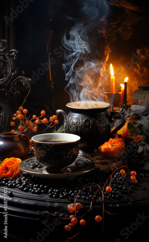 A cozy table setting with a cup of coffee and a flickering candle