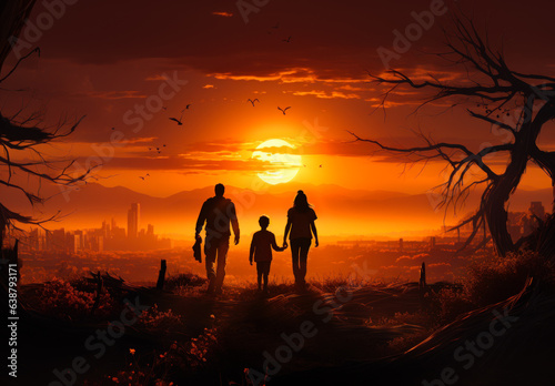 A group of people walking through a forest at sunset