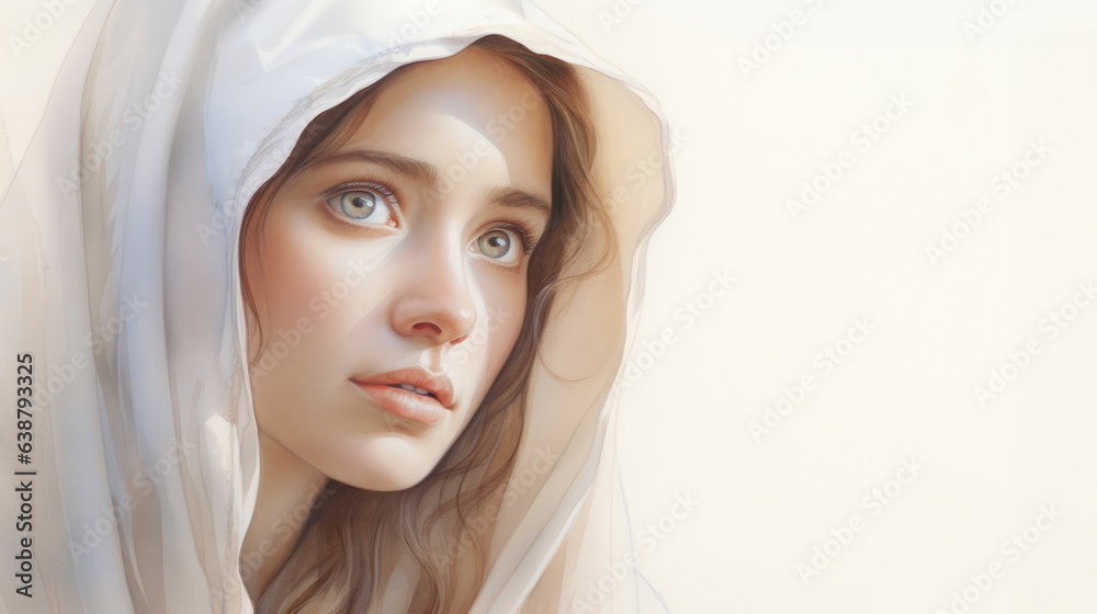Virgin Mary, mother of Jesus Christ with white clothes on beige background. Subtle and minimalist. Catholics church symbol of purity and grace Virgin Mary, mother of Jesus Christ with white clothes on beige background. Subtle and minimalist. Catholics church symbol of purity and grace