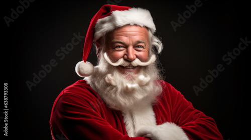 Portrait of Santa Claus with long white beard and is wearing a red hat and is wearing a red suit with white fur trim on green background. Santa Claus is looking directly at the camera. Generative ai