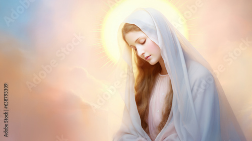 Virgin Mary, mother of Jesus Christ with holy light, looking down from heaven. Catholics church symbol of purity and grace