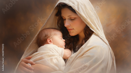 Virgin Mary, mother of Jesus Christ holding baby in her arms. Catholics church symbol of purity and grace