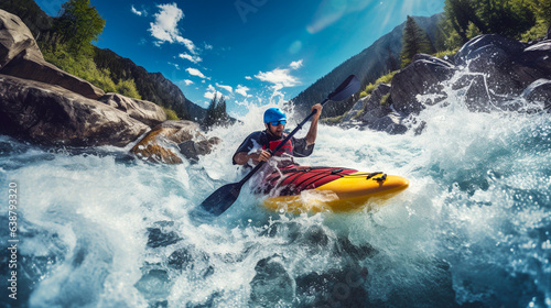 Foto Whitewater kayaking down a white water rapid river in the mountains, blue sky