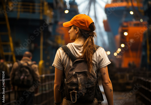 Lady worker in orange standing at a steel plant