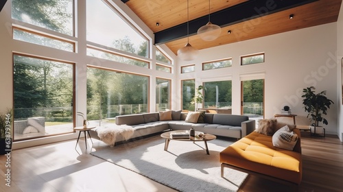 bright cozy living room with large windows in the cottage