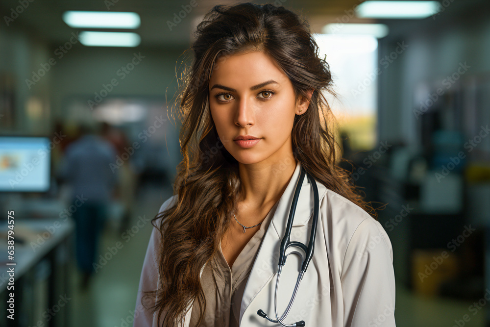 Youjng woman doctor wearing uniform and stethoscope standing in a hospital. Youjng woman doctor wearing uniform and stethoscope standing in a hospital.