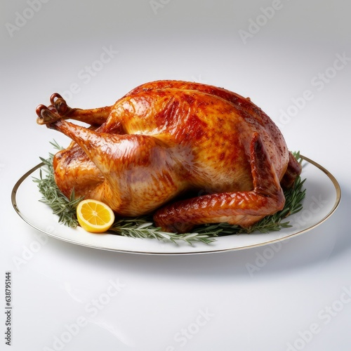 Roast turkey in the foreground on a festive table. Generative AI. Roasted turkey on a plate on a holiday table indoors. Thanksgiving dinner table served with turkey. Thanksgiving holiday table