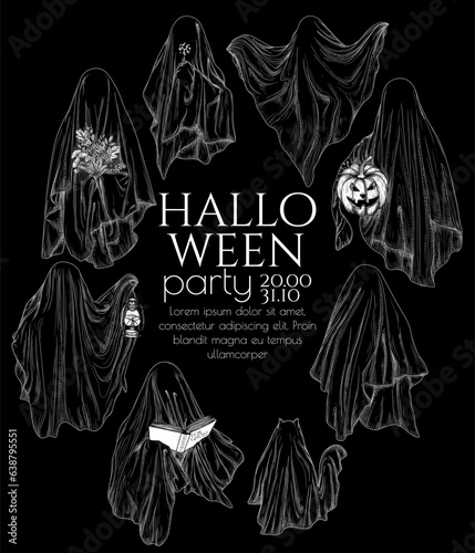 Vector template of halloween invitation with different ghosts in engraving style. Ghost with a book, with a lamp, with a bouquet, with a candy, with halloween pumpkin, ghost cat