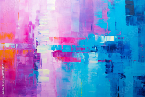 Painting of blue and pink abstract background with red and blue stripe.