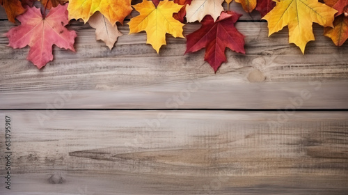 Wooden background with colorful autumn leaves and berries. Generative AI.