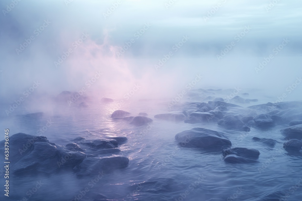 Fototapeta premium Misty mountains with gentle slopes and flock of birds in sunrise sky.