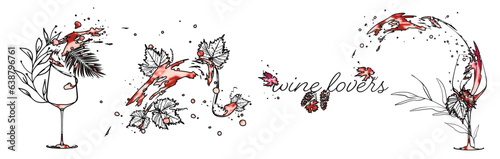 Wine designs for wine lovers. Sketch vector illustration. Hand drawn elements for invitation cards, advertising banner and menu cards. Splashing wine.