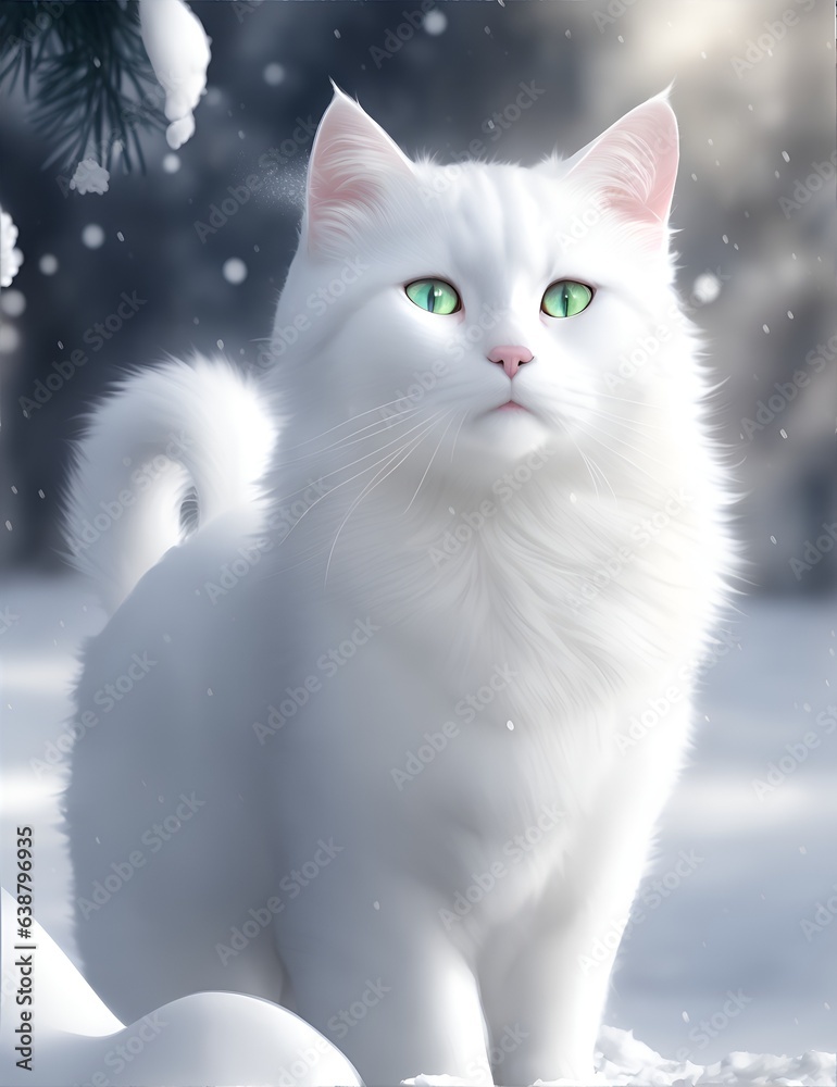 Photo of a beautiful white cat with mesmerizing green eyes sitting gracefully in the snow